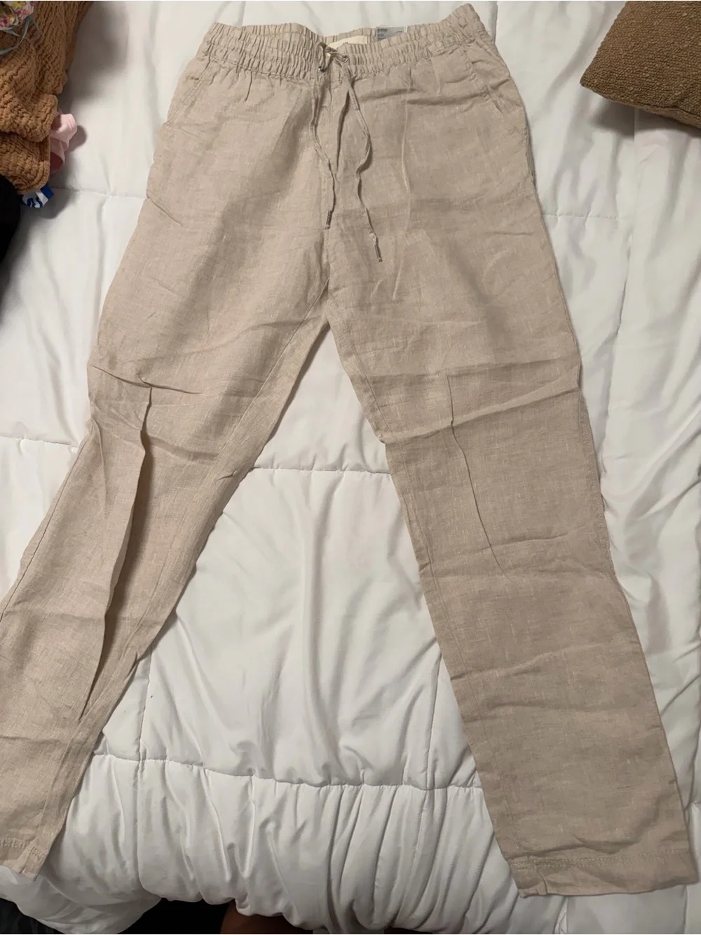 H&M Beige Drawstring Linen-Blend Chinos